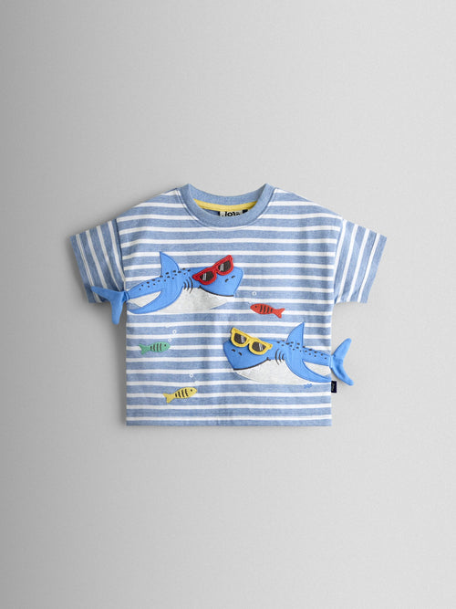 JoJo Maman Bébé Blue Stripe Shark Applique T-Shirt image 1