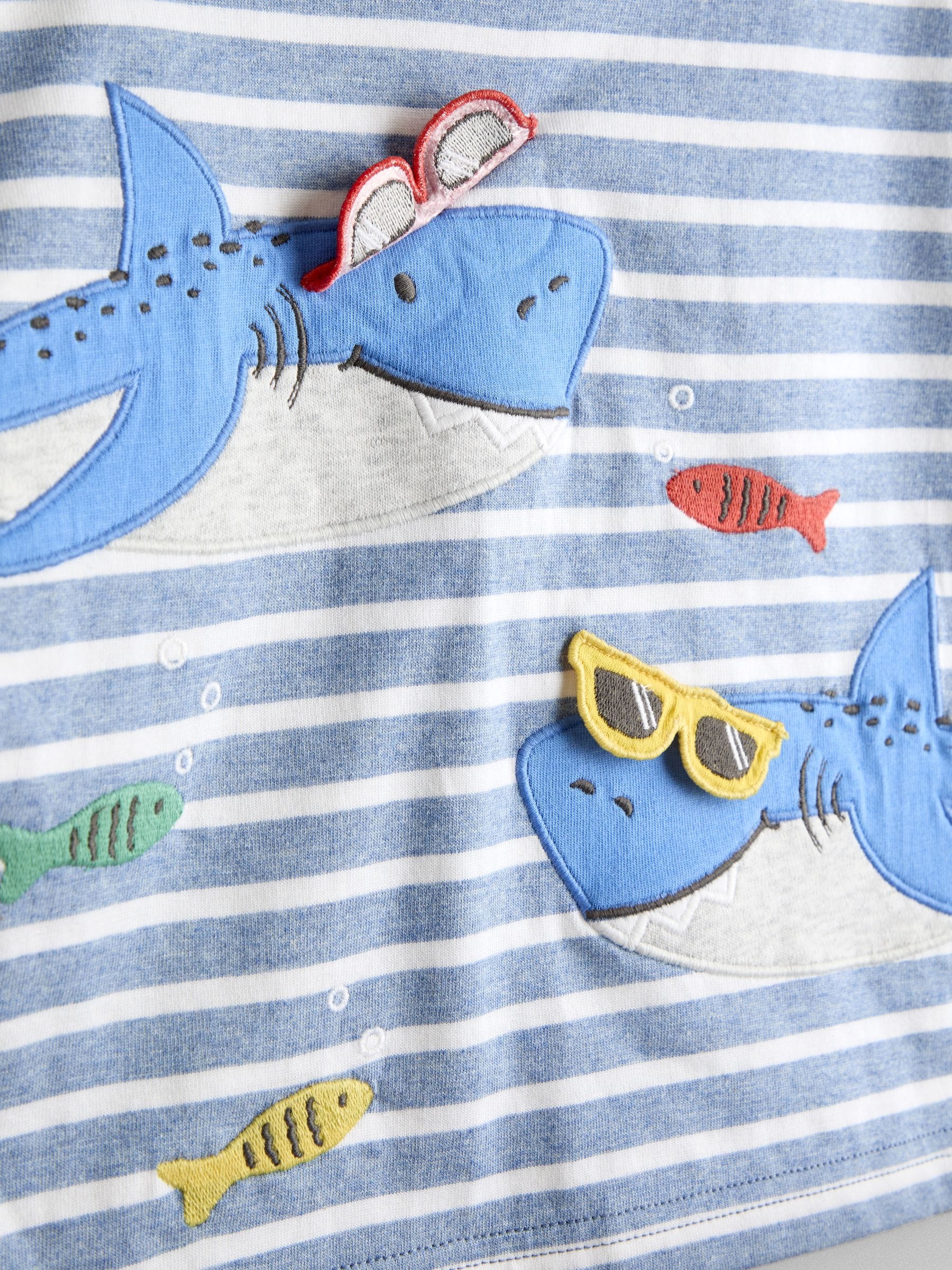 JoJo Maman Bébé Blue Stripe Shark Applique T-Shirt image 3
