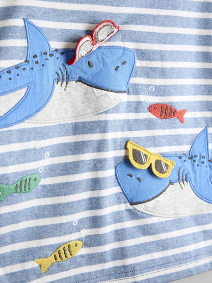 JoJo Maman Bébé Blue Stripe Shark Applique T-Shirt image 3