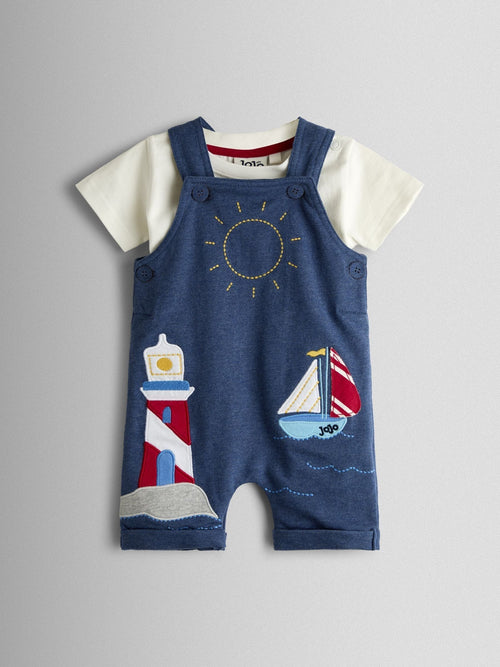 JoJo Maman Bébé Blue Boat 2-Piece Appliqué Dungarees & T-Shirt Set image 1