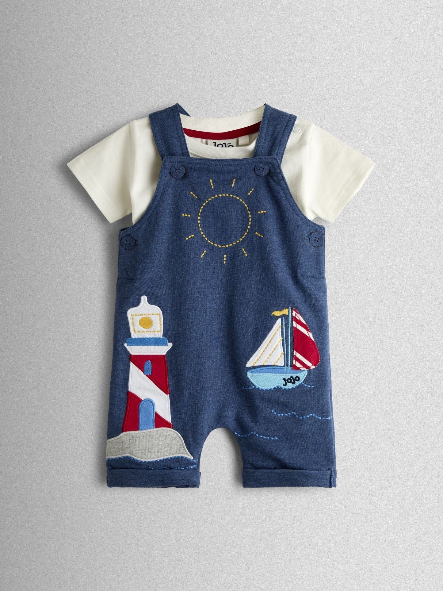 JoJo Maman Bébé Blue Boat 2-Piece Appliqué Dungarees & T-Shirt Set image 1