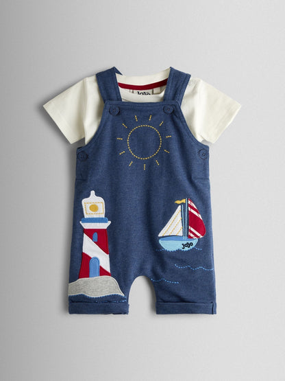 JoJo Maman Bébé Blue Boat 2-Piece Appliqué Dungarees & T-Shirt Set image 1