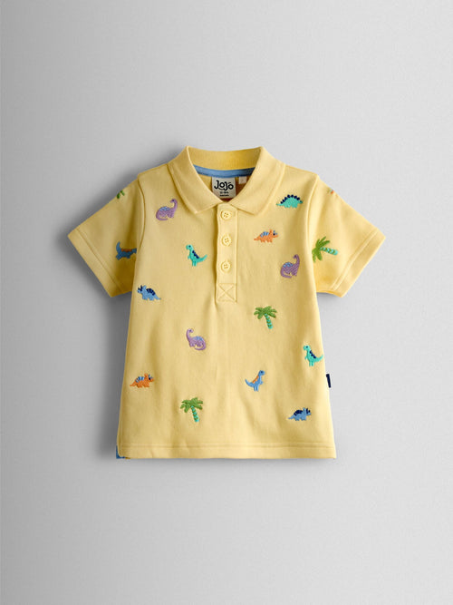 JoJo Maman Bébé Yellow Dino Embroidered Polo Shirt image 1