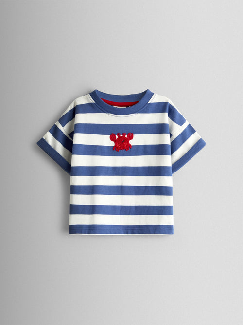 JoJo Maman Bébé Blue Stripe Boucle Crab Applique T-shirt image 1