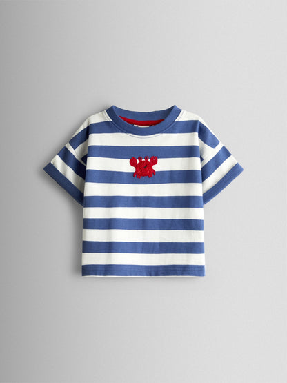 JoJo Maman Bébé Blue Stripe Boucle Crab Applique T-shirt image 1