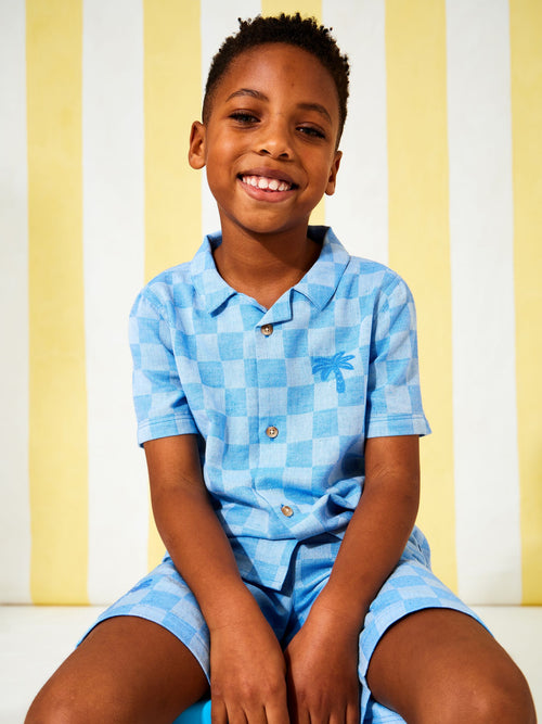 JoJo Maman Bébé Blue Checkerboard 2-Piece Shirt & Short Set image 1