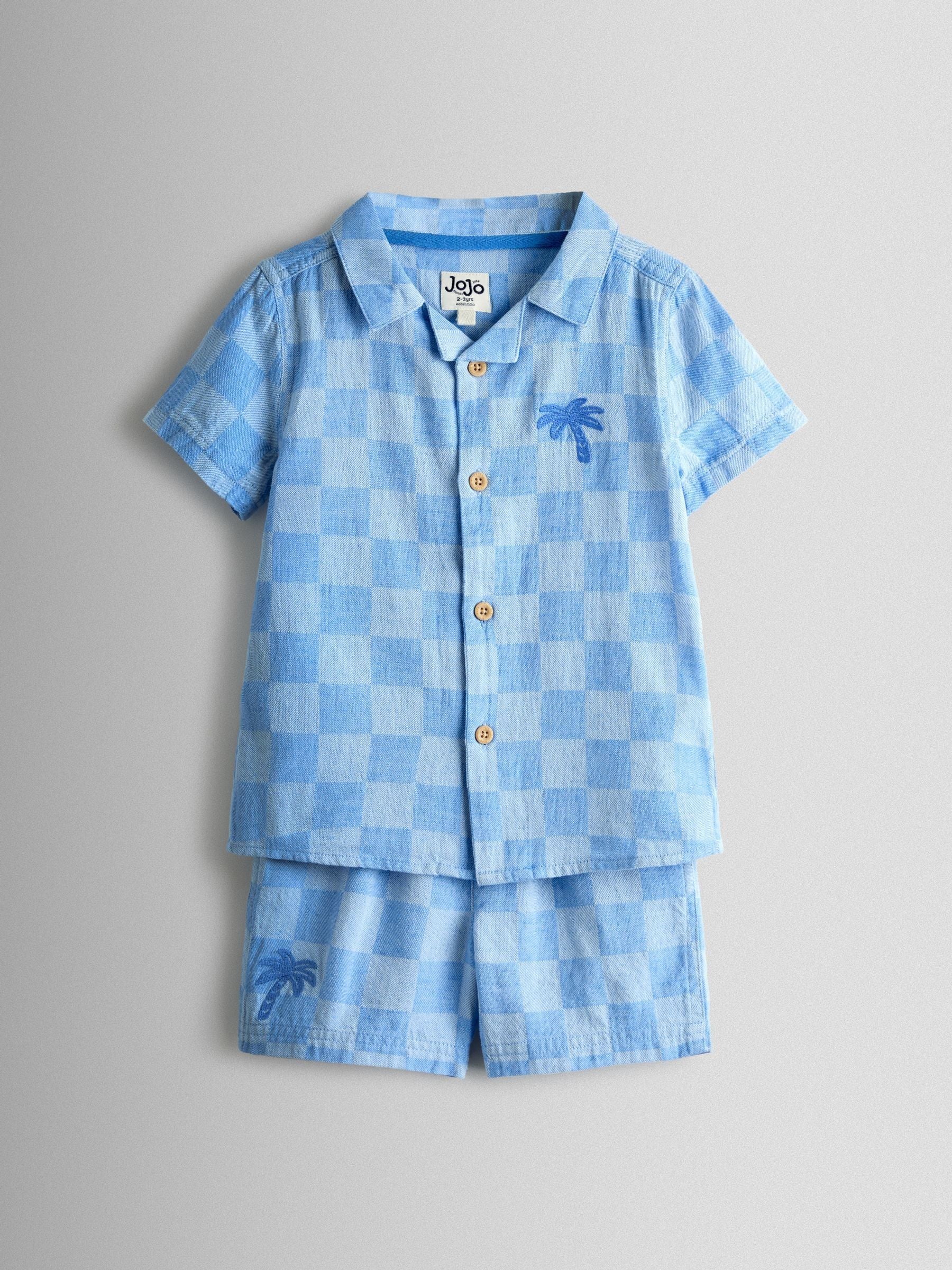 JoJo Maman Bébé Blue Checkerboard 2-Piece Shirt & Short Set image 2