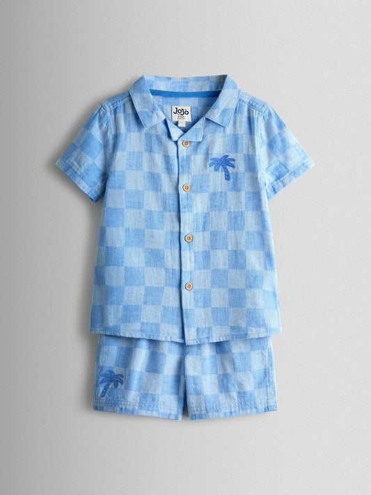 JoJo Maman Bébé Blue Checkerboard 2-Piece Shirt & Short Set image 2
