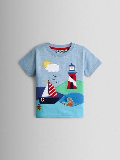 JoJo Maman Bébé Blue Lighthouse Scene Appliqué T-Shirt image 1