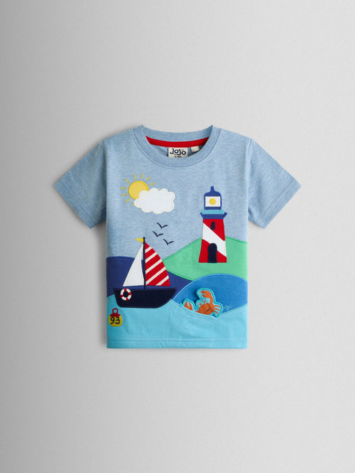 JoJo Maman Bébé Blue Lighthouse Scene Appliqué T-Shirt image 1