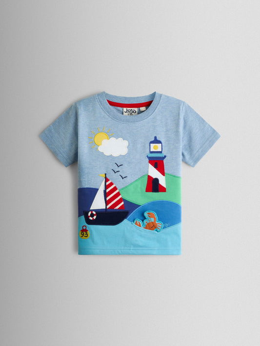 JoJo Maman Bébé Blue Lighthouse Scene Appliqué T-Shirt image 1