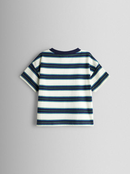 JoJo Maman Bébé Navy Blue Stripe Digger Applique T-Shirt image 2