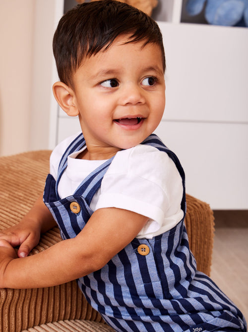 JoJo Maman Bébé Blue 2-Piece Stripe Dungarees & T-Shirt Set image 1