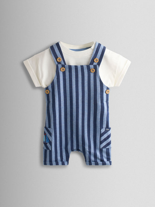 JoJo Maman Bébé Blue 2-Piece Stripe Dungarees & T-Shirt Set image 2
