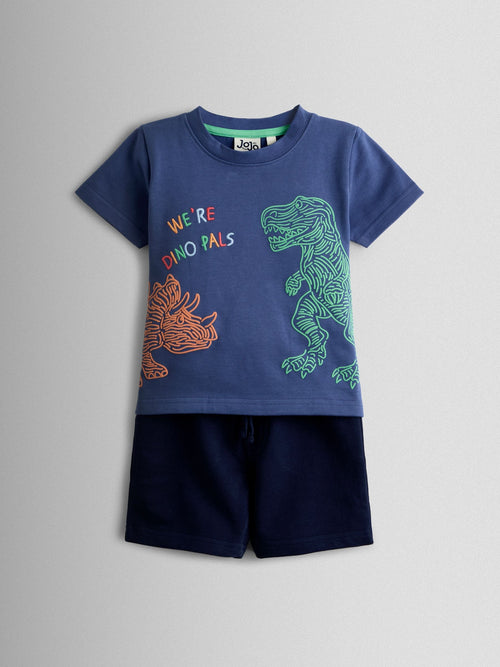 JoJo Maman Bébé Blue 2-Piece Dino T-Shirt & Shorts Set image 1
