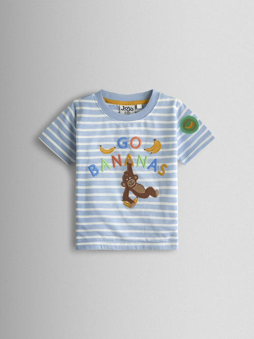 JoJo Maman Bébé Blue Monkey Character Appliqué T-Shirt image 1
