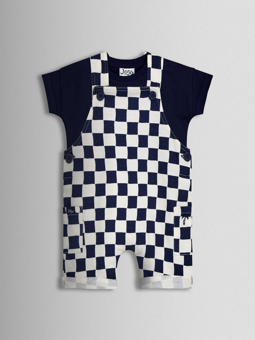 JoJo Maman Bébé Dark Navy Blue 2-Piece Checkerboard Dungarees & T-Shirt Set image 1