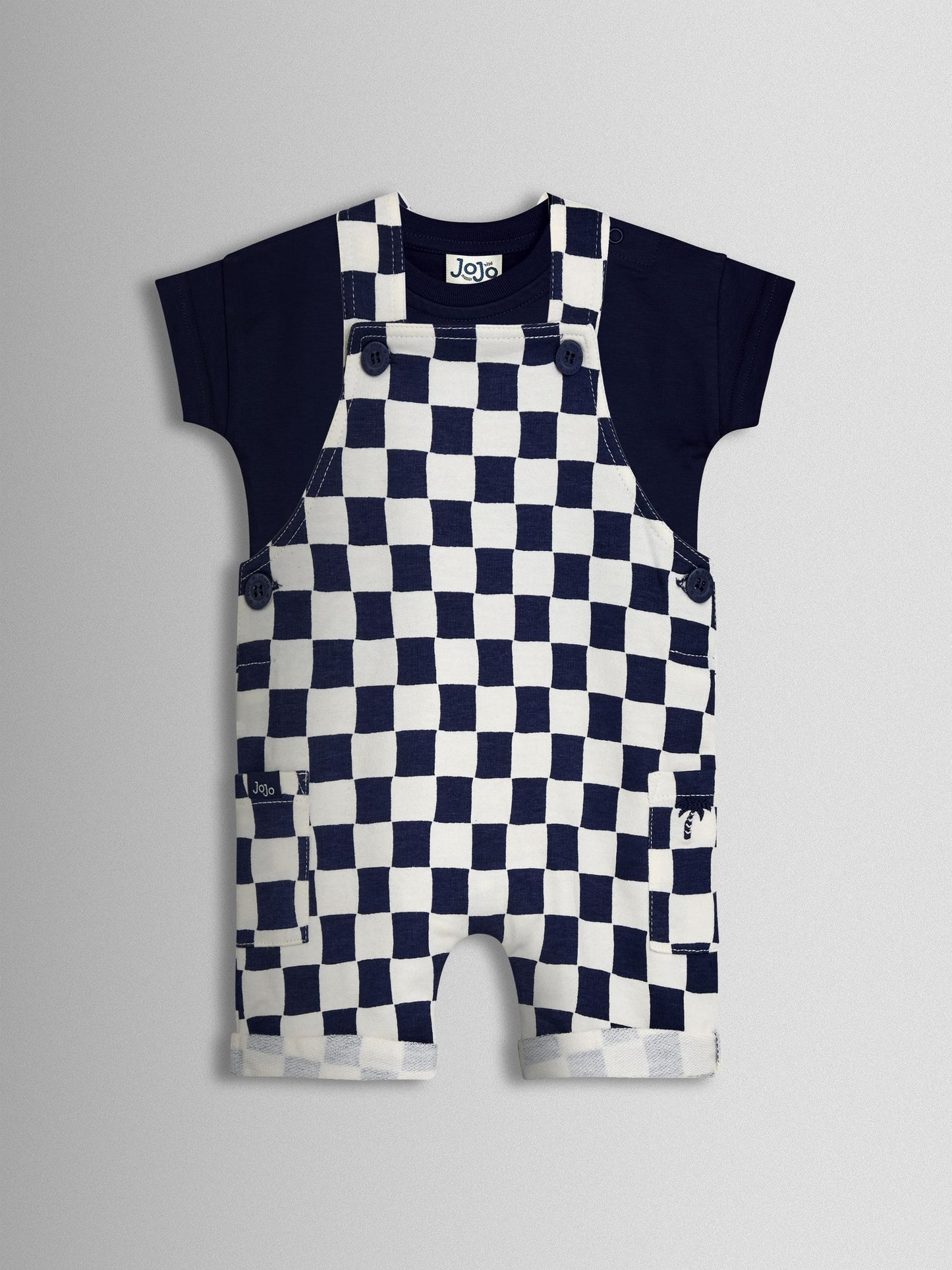 JoJo Maman Bébé Dark Navy Blue 2-Piece Checkerboard Dungarees & T-Shirt Set image 1