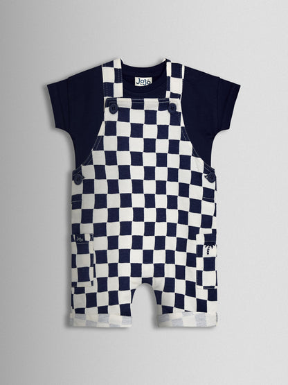 JoJo Maman Bébé Dark Navy Blue 2-Piece Checkerboard Dungarees & T-Shirt Set image 1