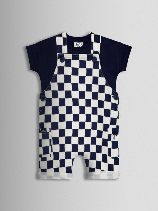JoJo Maman Bébé Dark Navy Blue 2-Piece Checkerboard Dungarees & T-Shirt Set image 1