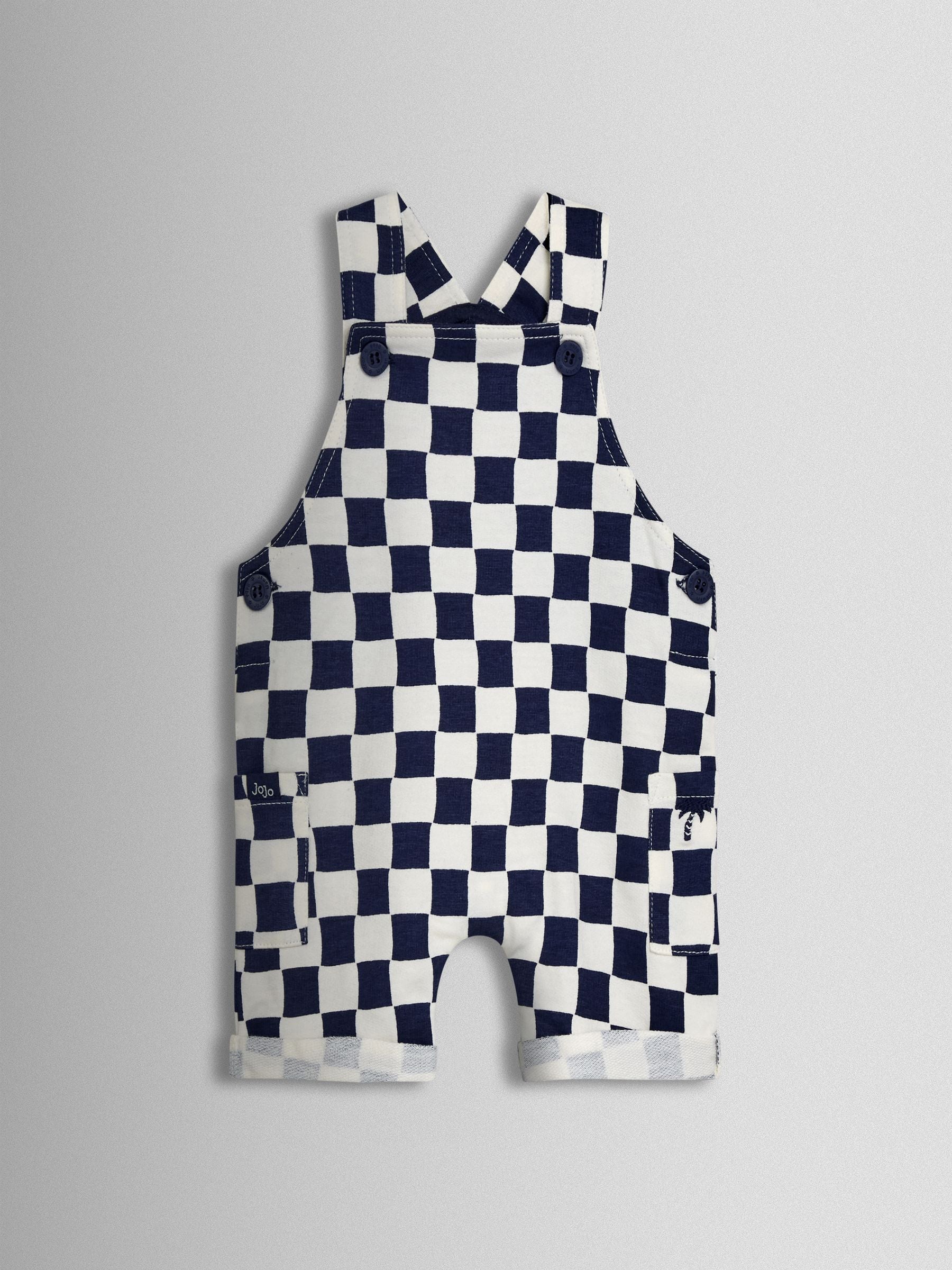 JoJo Maman Bébé Dark Navy Blue 2-Piece Checkerboard Dungarees & T-Shirt Set image 2