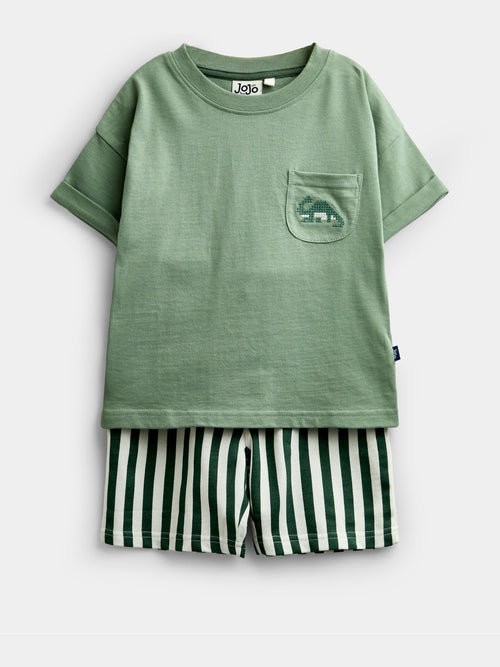 JoJo Maman Bébé Khaki Green Dino 2-Piece T-Shirt And Shorts Set image 1