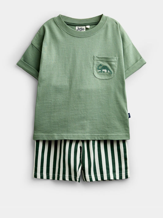 JoJo Maman Bébé Khaki Green Dino 2-Piece T-Shirt And Shorts Set image 1