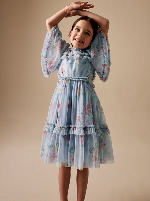 Light Blue Floral Angel Sleeve Mesh Occasion Dress (3-16yrs) image 1