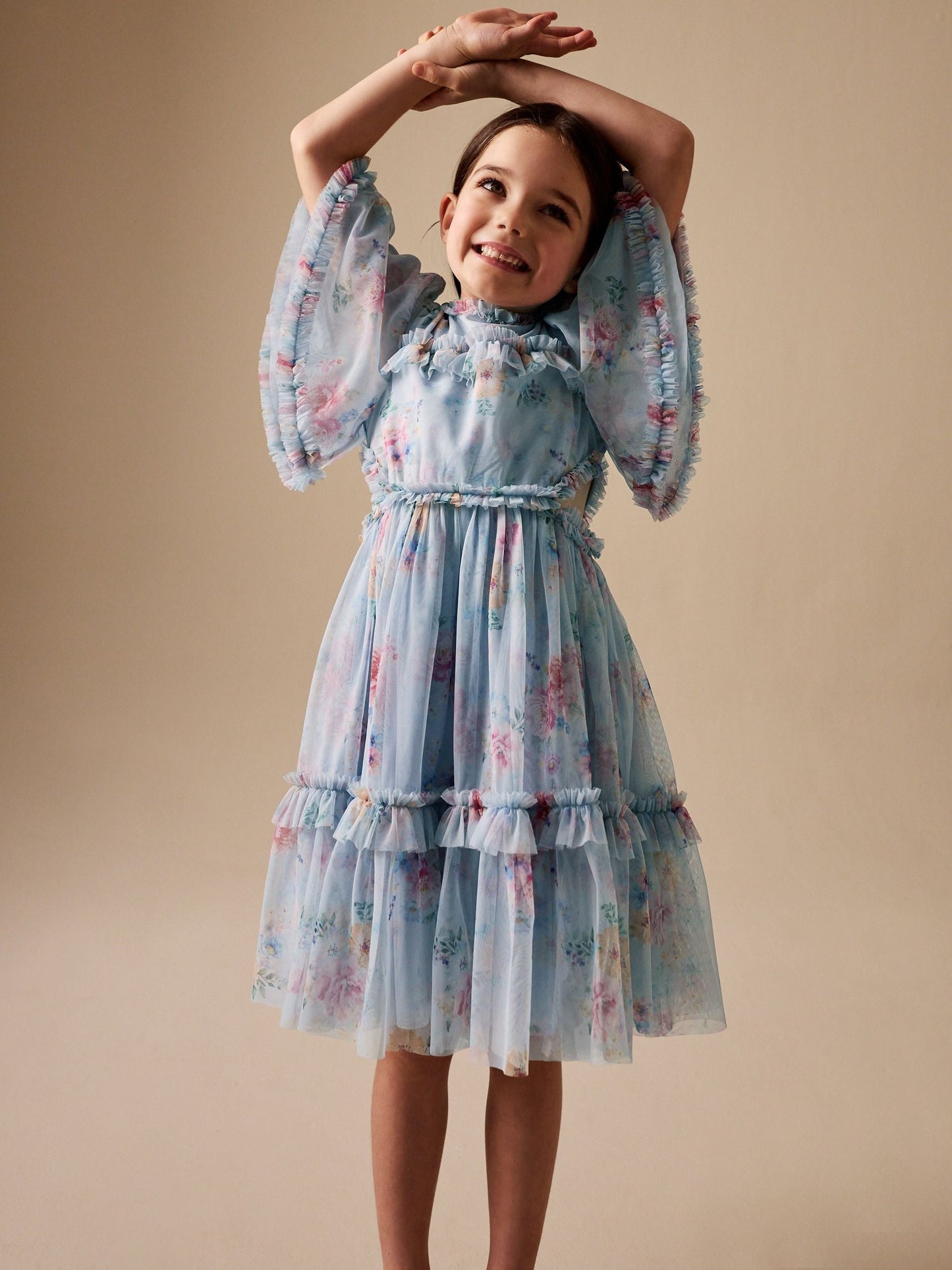 Light Blue Floral Angel Sleeve Mesh Occasion Dress (3-16yrs) image 1