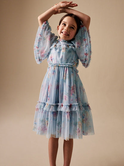 Light Blue Floral Angel Sleeve Mesh Occasion Dress (3-16yrs) image 1