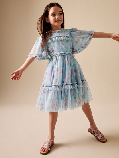 Light Blue Floral Angel Sleeve Mesh Occasion Dress (3-16yrs) image 2