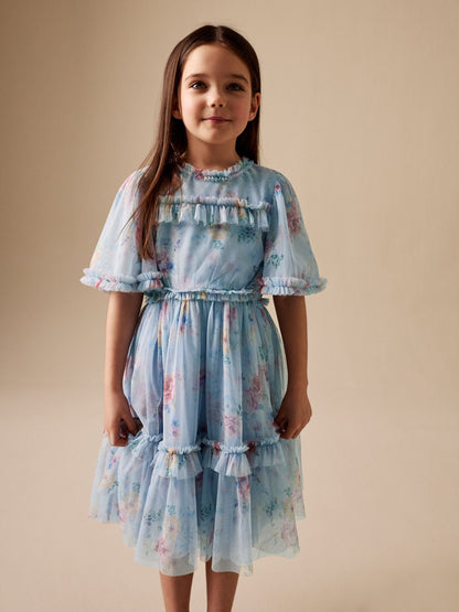 Light Blue Floral Angel Sleeve Mesh Occasion Dress (3-16yrs) image 3