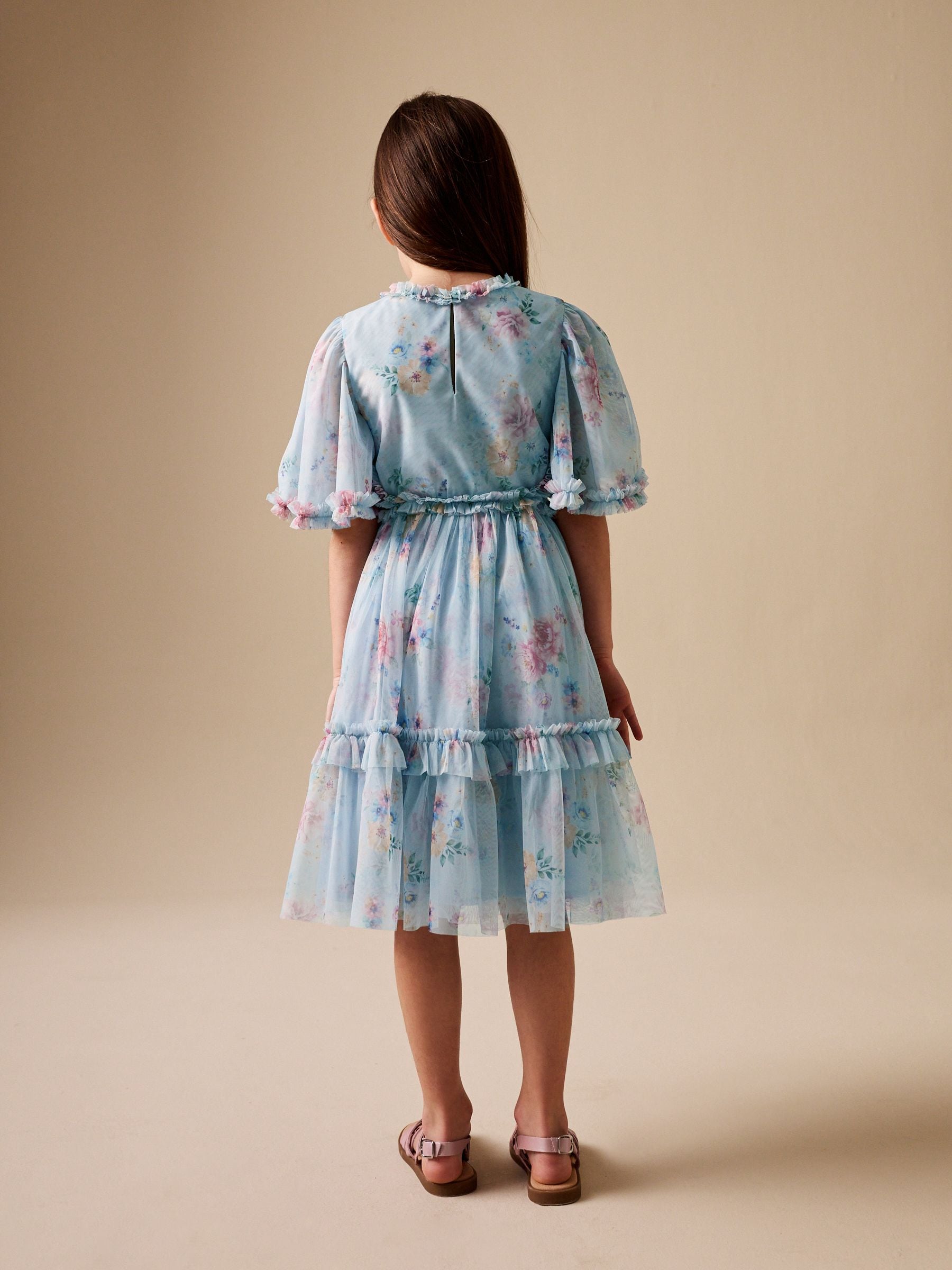 Light Blue Floral Angel Sleeve Mesh Occasion Dress (3-16yrs) image 4