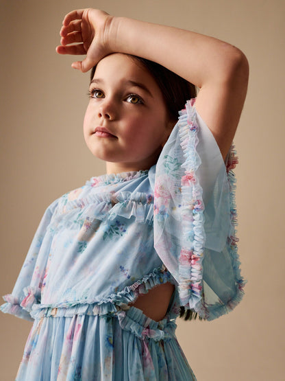 Light Blue Floral Angel Sleeve Mesh Occasion Dress (3-16yrs) image 5