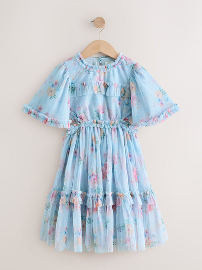 Light Blue Floral Angel Sleeve Mesh Occasion Dress (3-16yrs) image 6