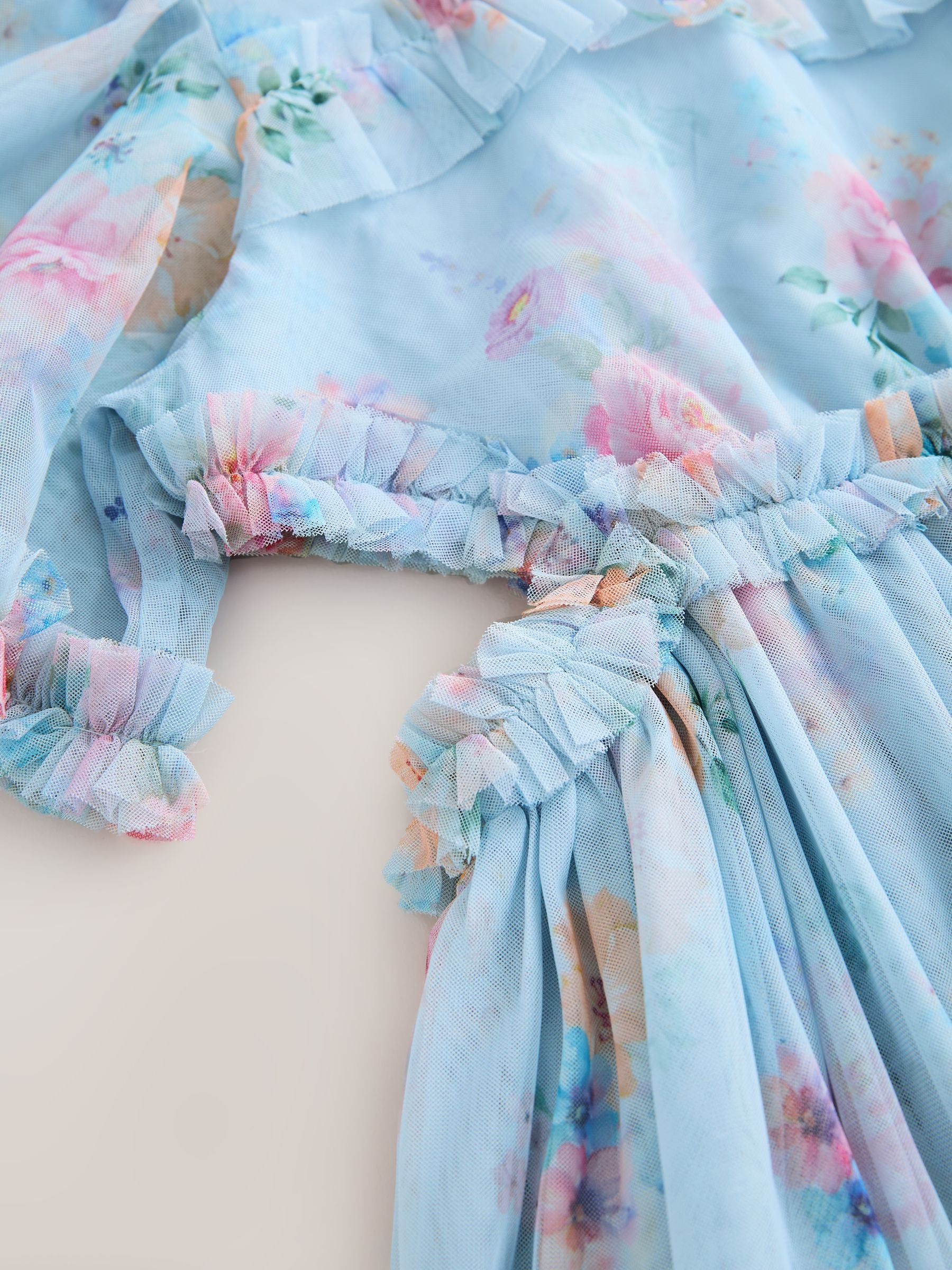 Light Blue Floral Angel Sleeve Mesh Occasion Dress (3-16yrs) image 9