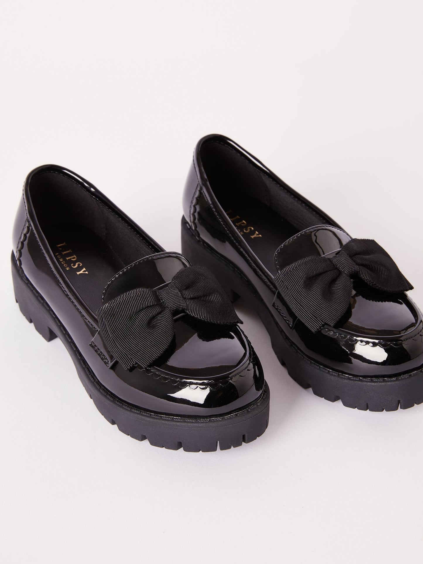 Lipsy Black Narrow Fit (E) Patent Chunky Bow Slip On Loafer School Shoes image 3