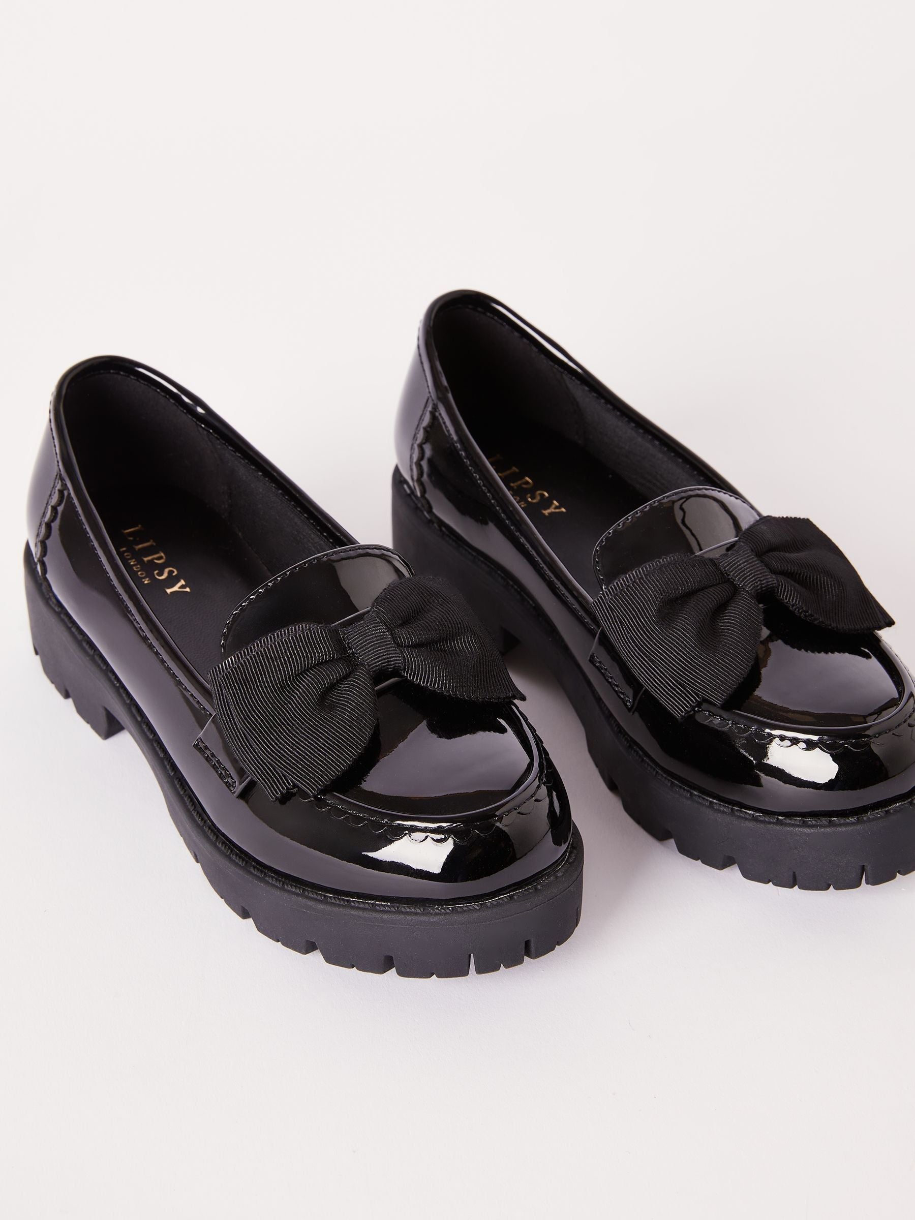 Lipsy Black Narrow Fit (E) Patent Chunky Bow Slip On Loafer School Shoes image 3