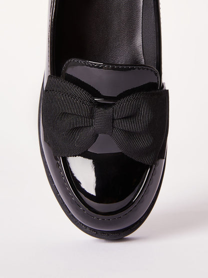 Lipsy Black Narrow Fit (E) Patent Chunky Bow Slip On Loafer School Shoes image 4