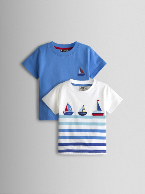 JoJo Maman Bébé Blue & White Boat 2-Pack Appliqué T-Shirts image 1