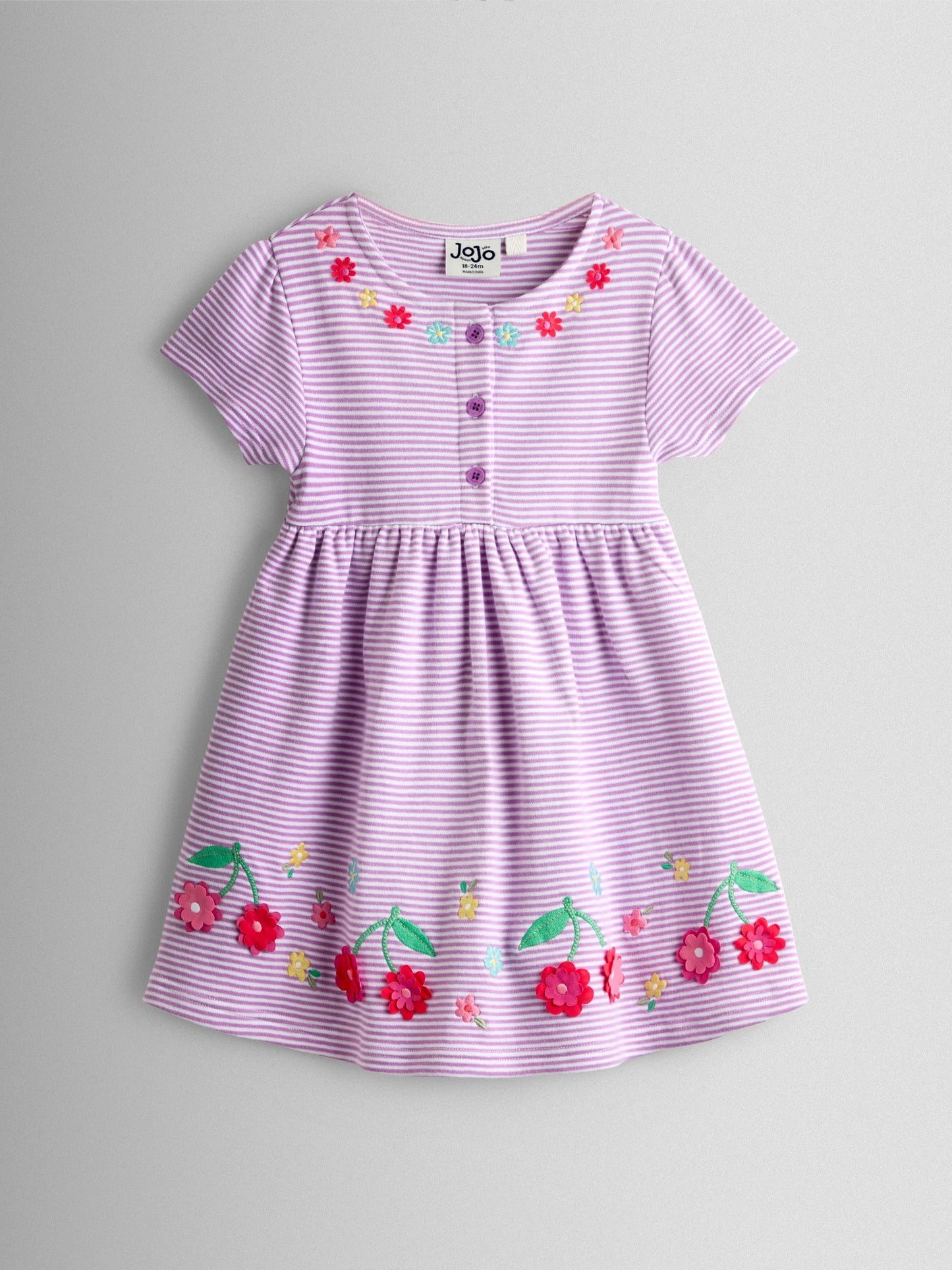 JoJo Maman Bébé Lilac Purple Cherry Appliqué Pocket Flutter Sleeve Dress image 1