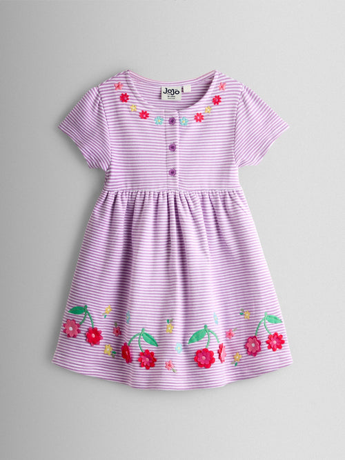 JoJo Maman Bébé Lilac Purple Cherry Appliqué Pocket Flutter Sleeve Dress image 1