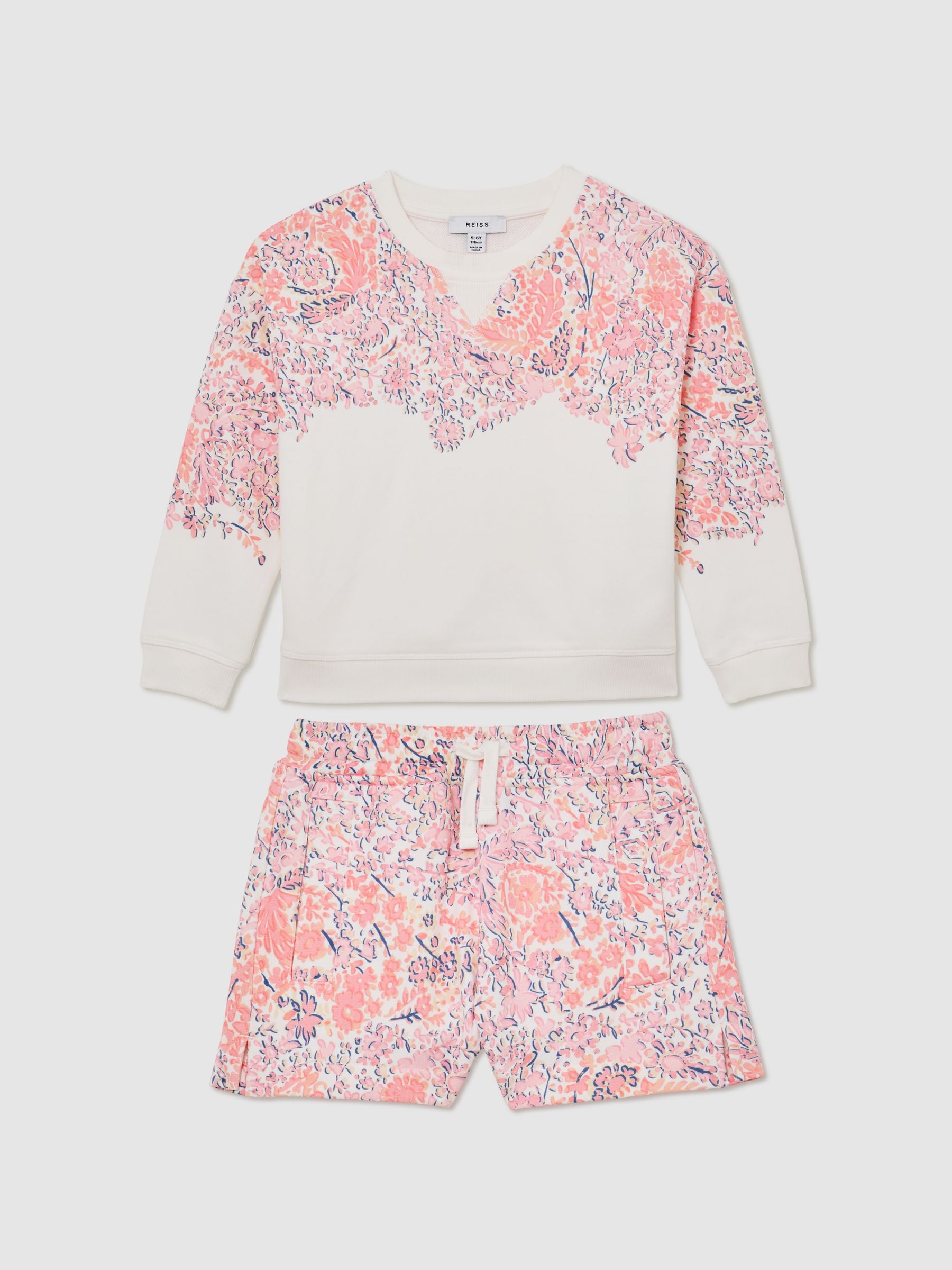Reiss Pink Print Jessie 9-13 yrs Floral-Print Sweatshirt and Shorts Set image 2
