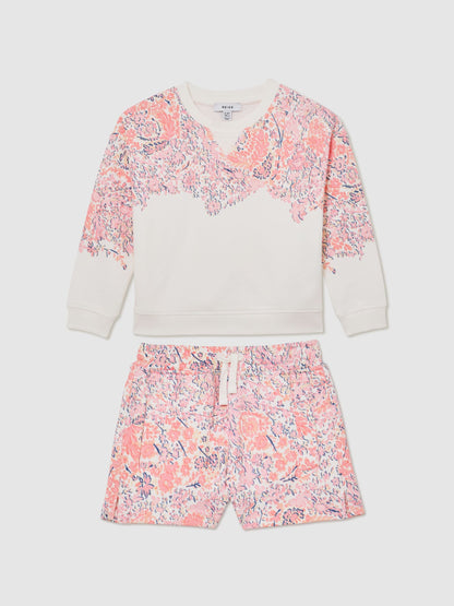 Reiss Pink Print Jessie 9-13 yrs Floral-Print Sweatshirt and Shorts Set image 2