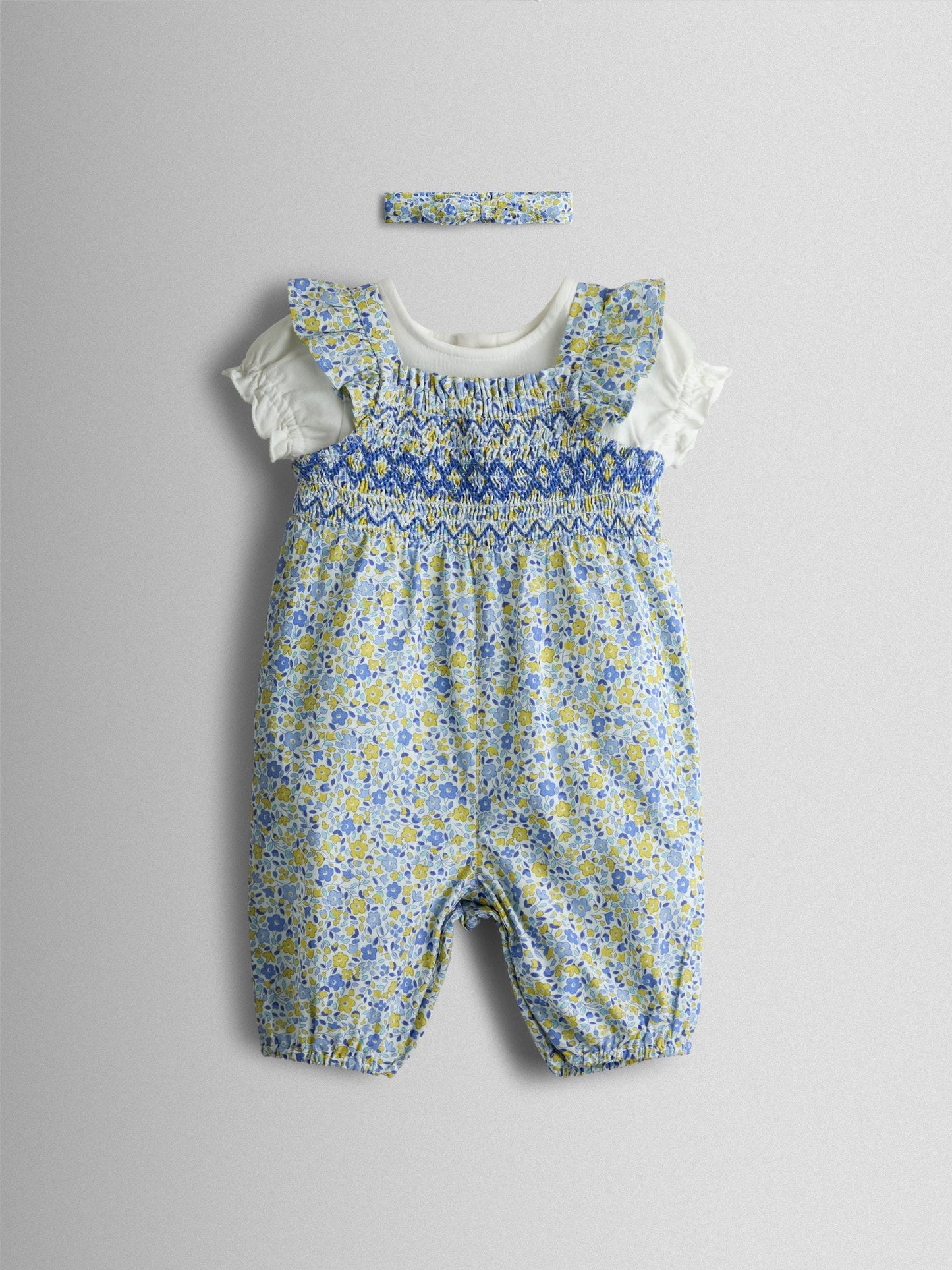 JoJo Maman Bébé Blue Smocked Dungaree, T-Shirt & Headband Set image 1