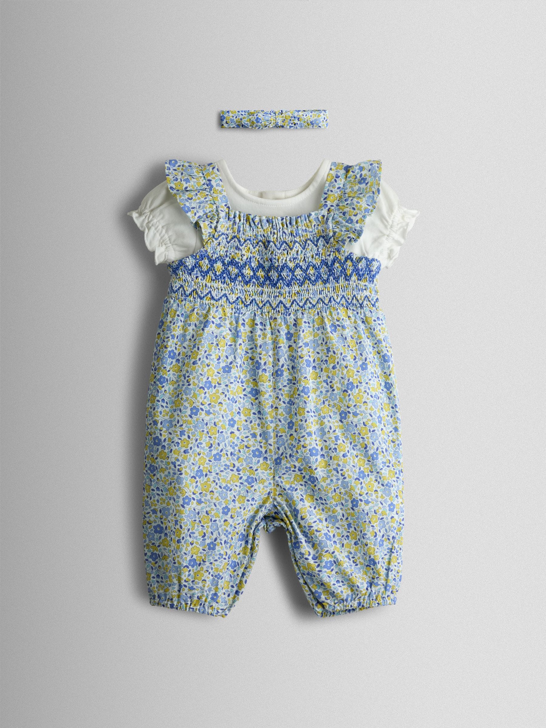 JoJo Maman Bébé Blue Smocked Dungaree, T-Shirt & Headband Set image 1