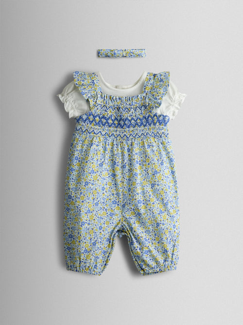 JoJo Maman Bébé Blue Smocked Dungaree, T-Shirt & Headband Set image 1