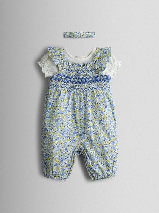 JoJo Maman Bébé Blue Smocked Dungaree, T-Shirt & Headband Set image 1