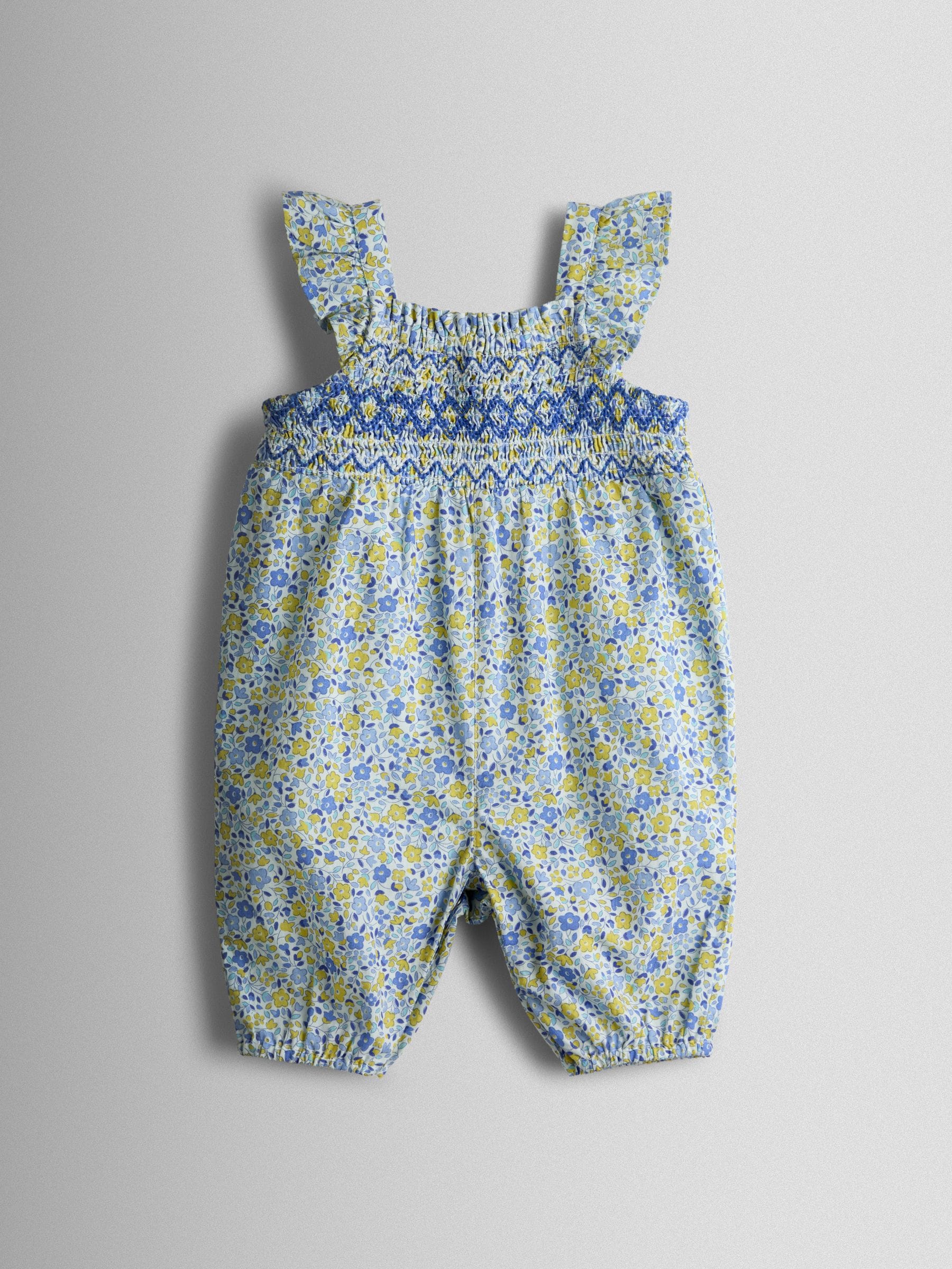 JoJo Maman Bébé Blue Smocked Dungaree, T-Shirt & Headband Set image 2