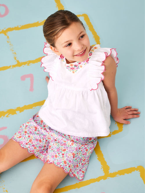 JoJo Maman Bébé White Strawberry Floral Embroidered Top & Scalloped Short Set image 1